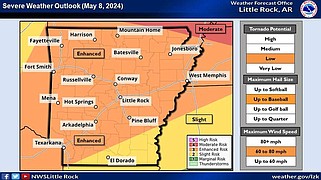 This graphic from the National Weather Service highlights portions of Arkansas forecast to see severe weather late Wednesday. (National Weather Service/X)